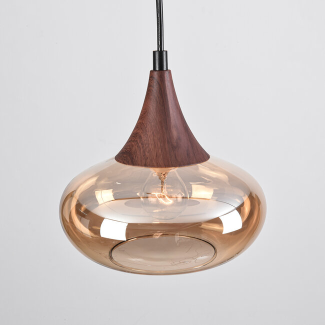 1-phase rail pendant lamp Nill with Amber glass and dark wood effect - wide glass