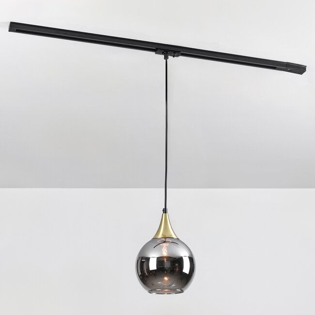 1-phase track pendant light Nya gold, round smoked glass with mirror effect