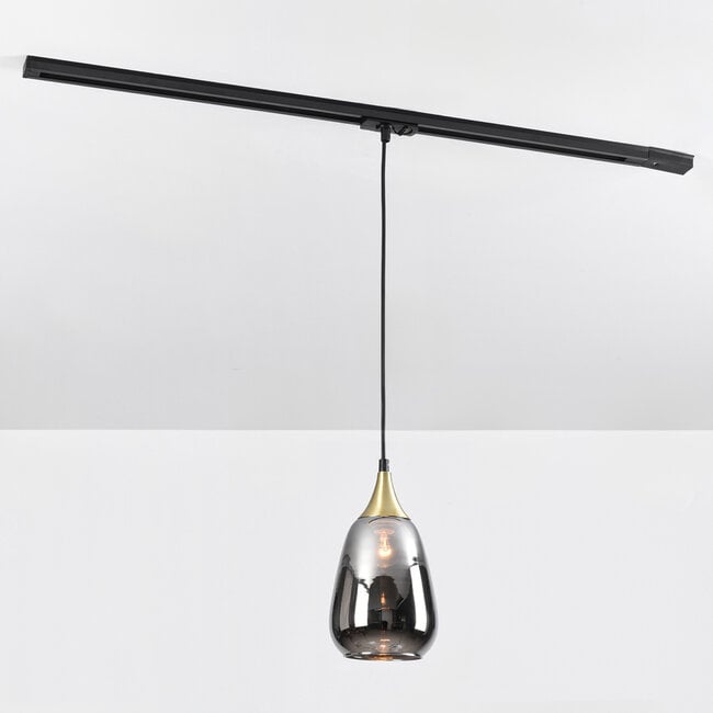 1-phase track pendant light Noi gold, teardrop smoked glass with mirror effect