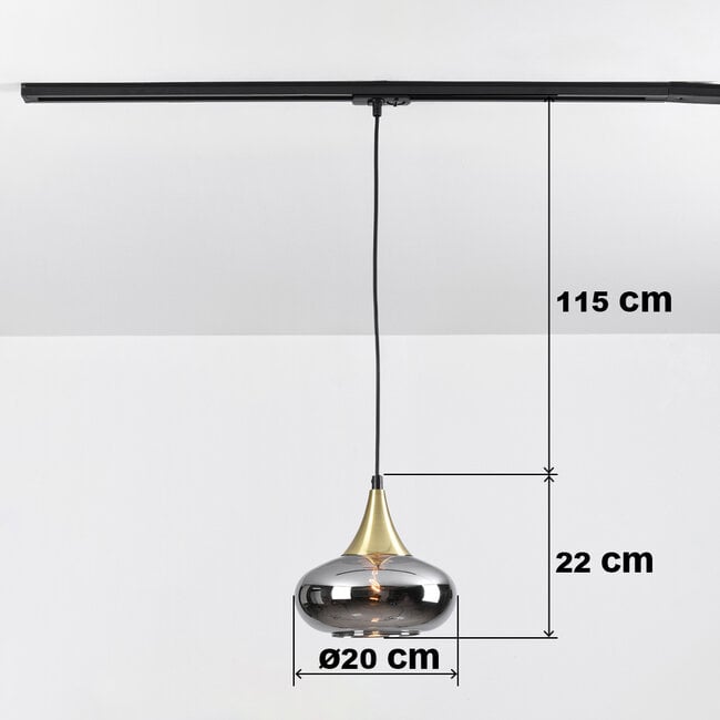 1-phase track pendant light Nill gold, wide smoked glass with mirror effect