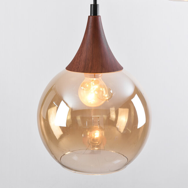 Pendant lamp with Amber glass and dark wood effect, 3-light - Loua
