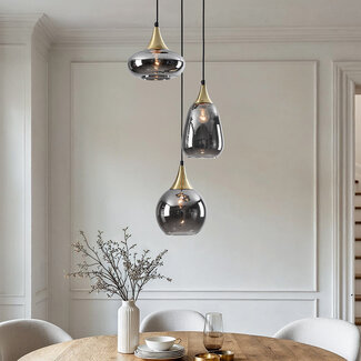 Pendant lamp Gold with smoked glass, 3-light - Loua