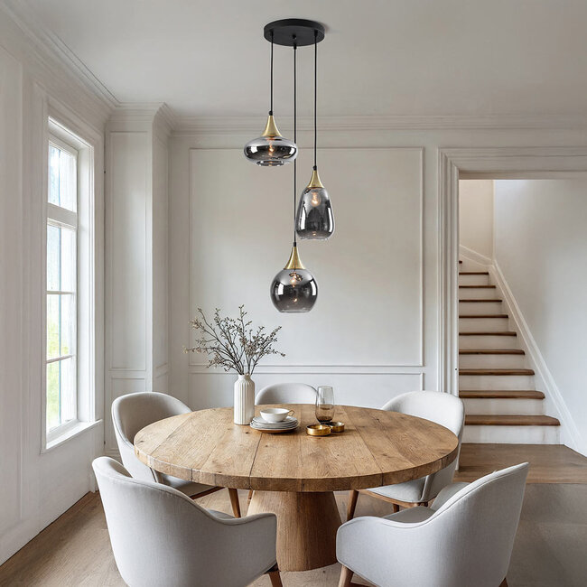 Pendant lamp Gold with smoked glass, 3-light - Loua