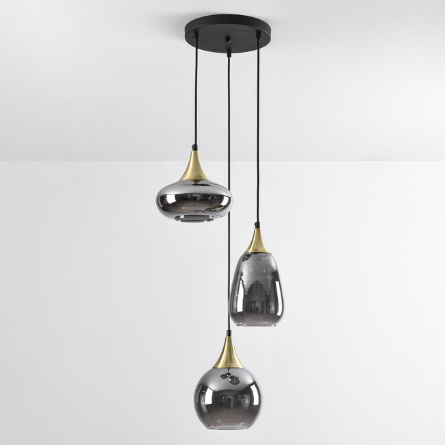 Pendant lamp Gold with smoked glass, 3-light - Loua