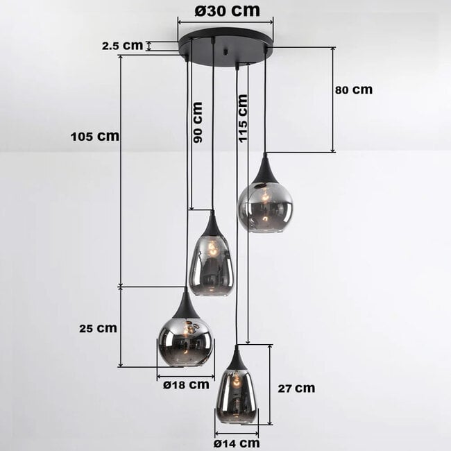 Loua 4-light pendant light Loua 4-light - black with smoked glass