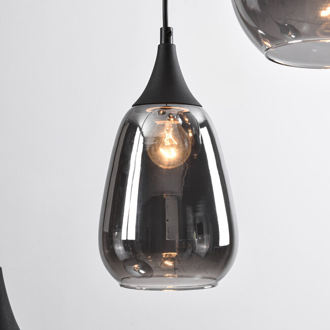 Black Loua pendant lamp with smoked glass, 5-light