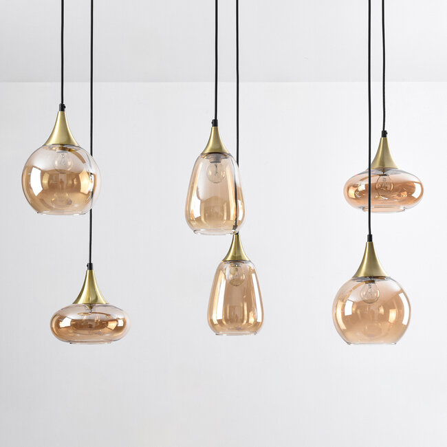 Pendant lamp Gold with Amber glass, 6-light - Loic