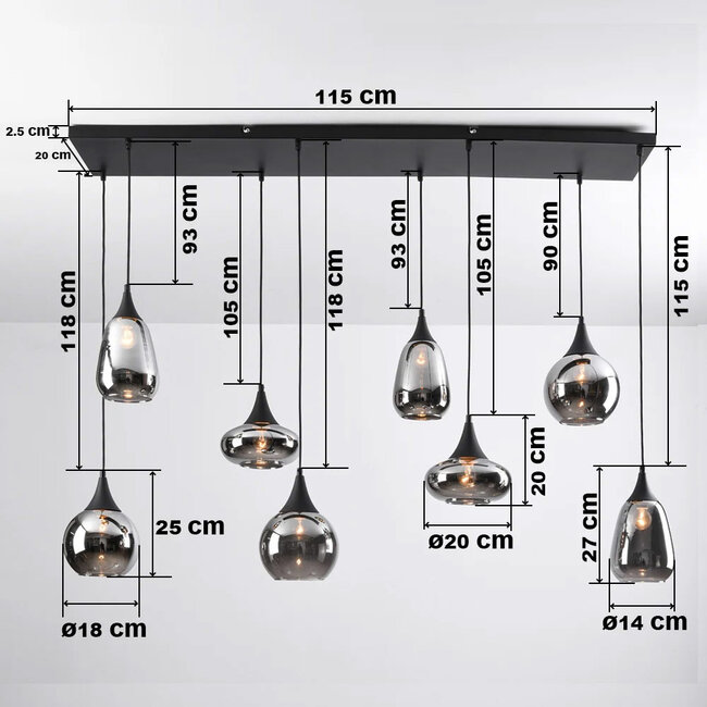 Black pendant lamp with smoked glass, 8-light - Loic