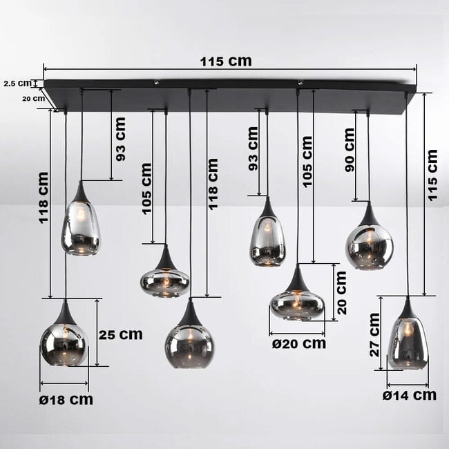 Loic 8-light pendant light - black with smoked glass