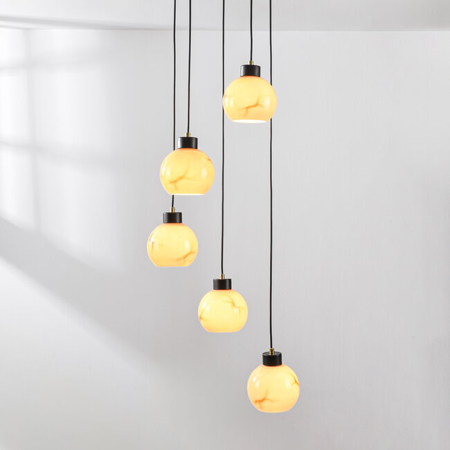 Modern pendant lamp Marmore Matt black with marble-look bulbs, 5-light
