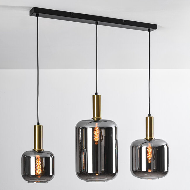 3-light black with golden Tectos pendant lamp with smoked glass