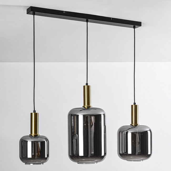 3-light black with golden Tectos pendant lamp with smoked glass