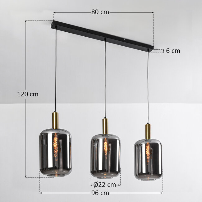 Teto 3-light pendant light - black and gold with smoked glass