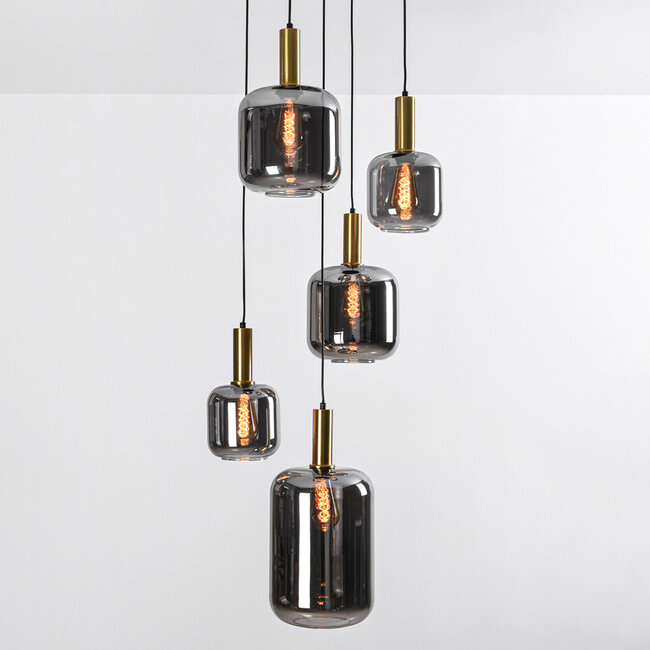 Black Designer lighting pendant lamp with smoked glass and Gold details, 5-light - Cinque