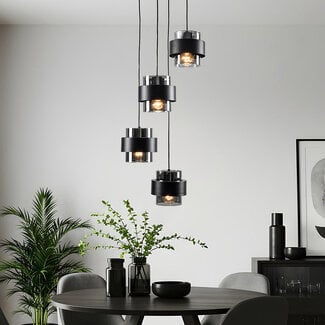 Fynna 4-light pendant light - black with smoked glass