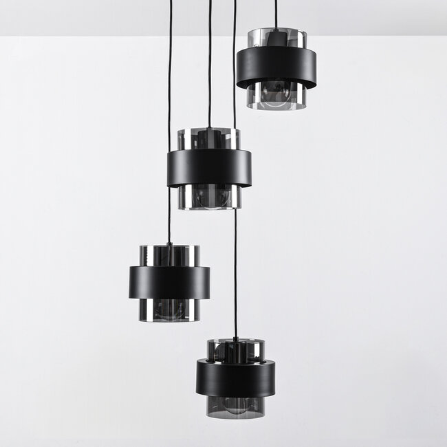 Modern pendant lamp in black with smoked glass, 4-light - Fynna