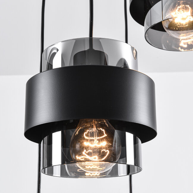 Modern pendant lamp in black with smoked glass, 4-light - Fynna