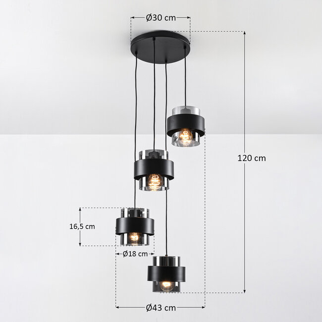 Modern pendant lamp in black with smoked glass, 4-light - Fynna