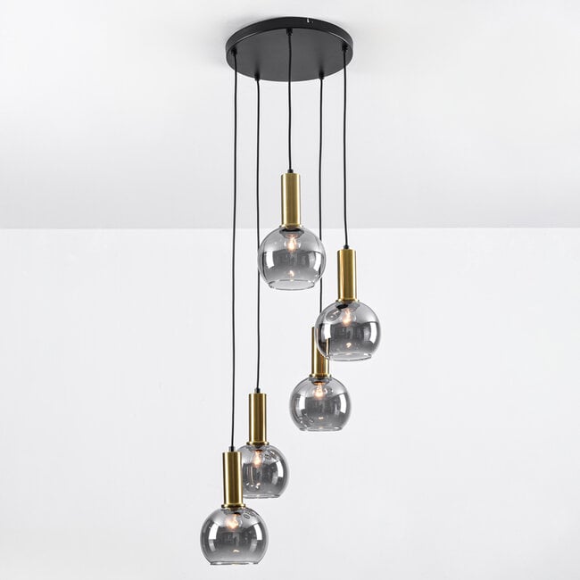 Imme 5-light pendant light  - gold with smoked glass