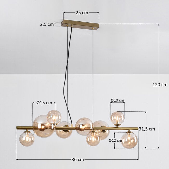 Ennea 9-light pendant light - gold with amber glass