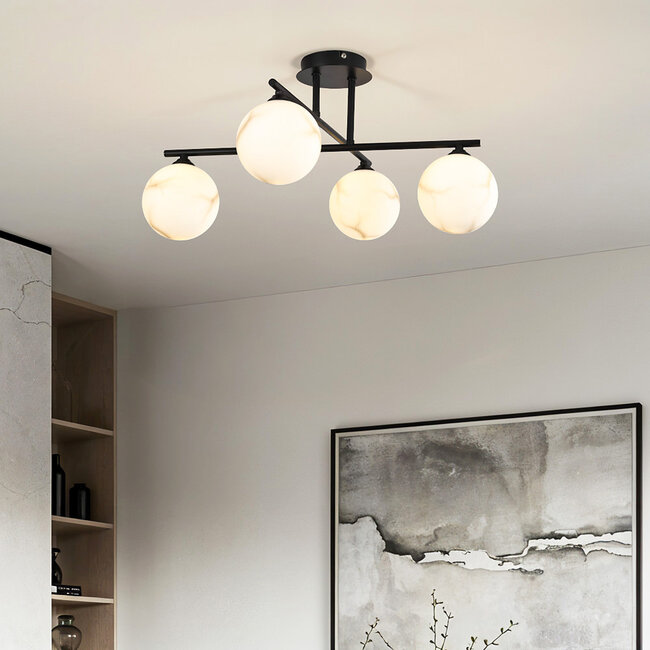 Modern ceiling lamp in Matt black with marble-look bulbs, 4-light - Nymo