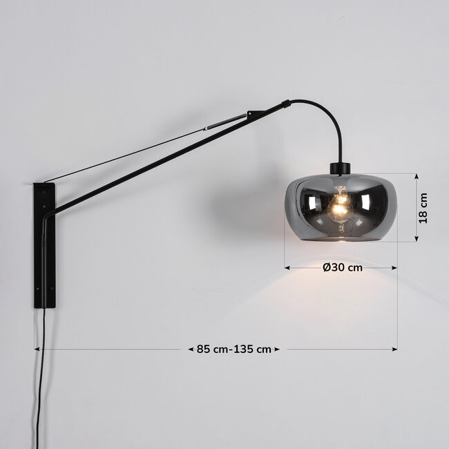 Industrial wall light Dasha with swivel and extendable arm with smoked glass