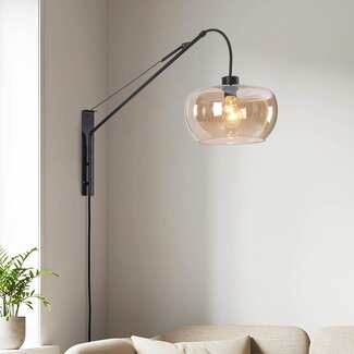Dasha wall lamp in black with swivel, extendable arm and Amber glass