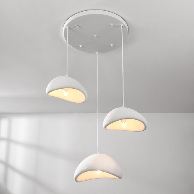 3-light Wabi-Sabi pendant lamp, White stone effect - Sora