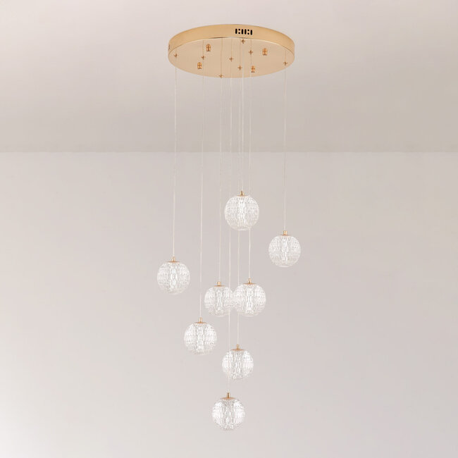 8-light pendant light Aedon - white globes with gold details and integrated LED