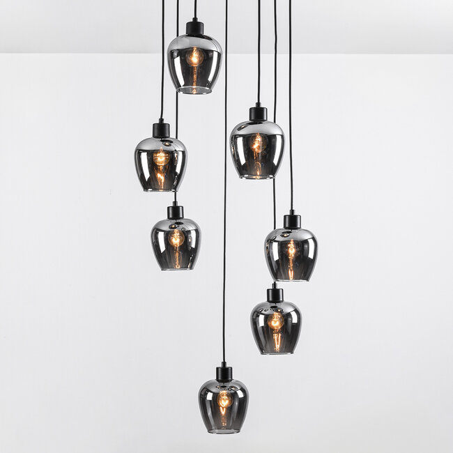 7-light pendant lamp in Black with Smoked glass grey glass - Hollister