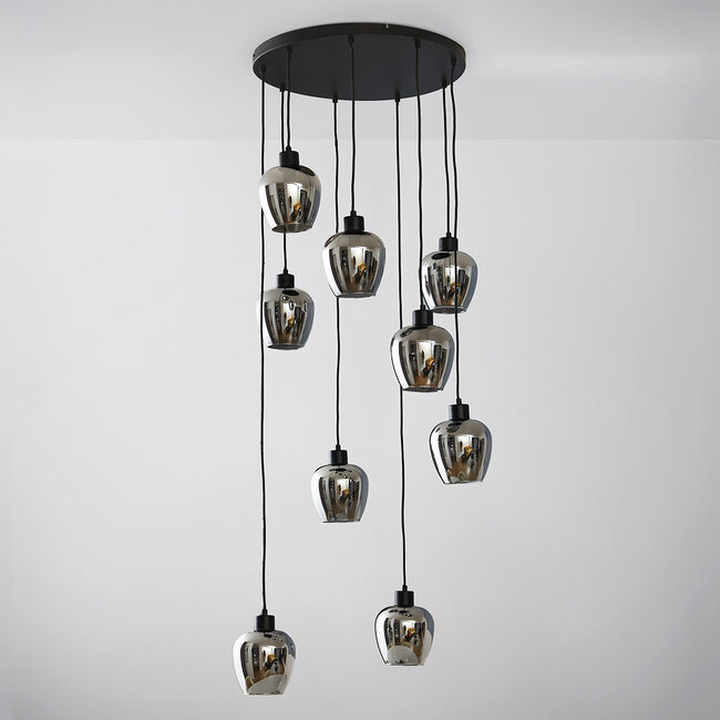9-light pendant light Alturas - black with smoked grey glass