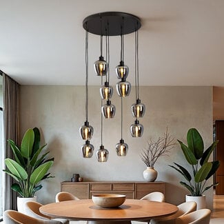 11-light pendant light Hanford - black with smoked grey glass