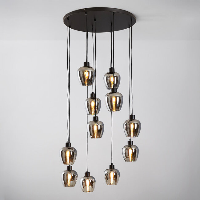 11-light pendant lamp in black with smoked glass grey glass - Hanford