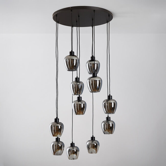 11-light pendant lamp in black with smoked glass grey glass - Hanford
