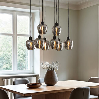 8-light pendant light Sidney - black with smoked grey glass