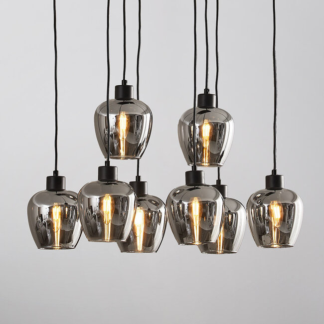 8-light pendant lamp in Black with Smoked glass grey glass - Sidney