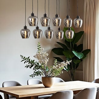 10-light pendant light Stafford - black with smoked grey glass