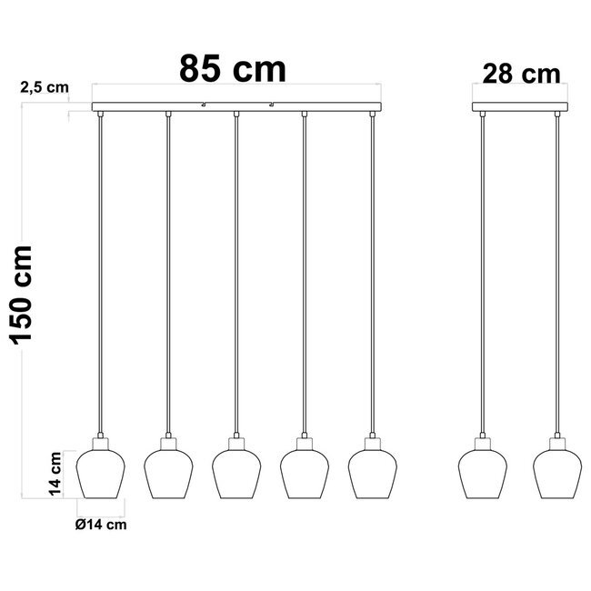 10-light pendant lamp in Black with Smoked glass grey glass - Stafford