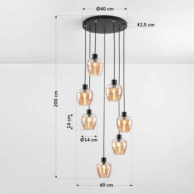 7-light pendant lamp, black with Amber glass - Hollister