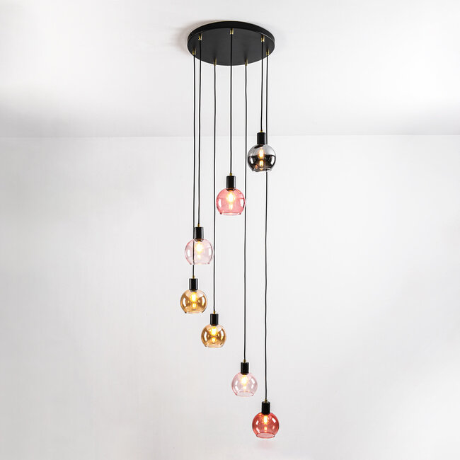 Black pendant lamp with amber, smoked glass and pink glass, 7-light - Monroe