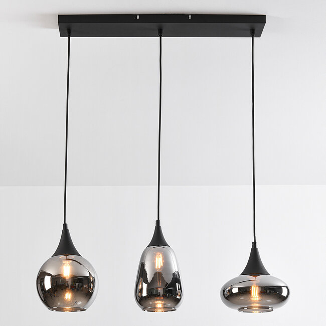 3-light pendant light Lovi - black with smoked glass and mirror effect