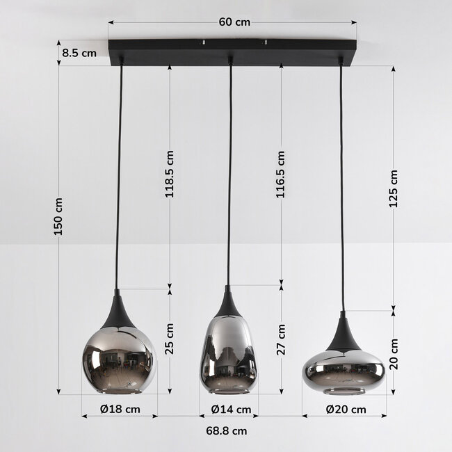 3-light pendant lamp with smoked glass - Lovi