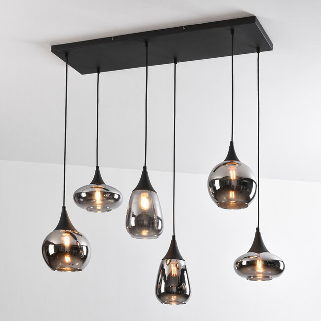 Black Loic pendant lamp with smoked glass, 6-light