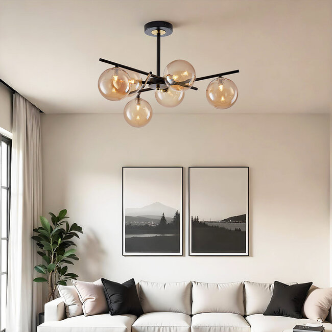 Ceiling light Venezia black with amber glass, 6-light