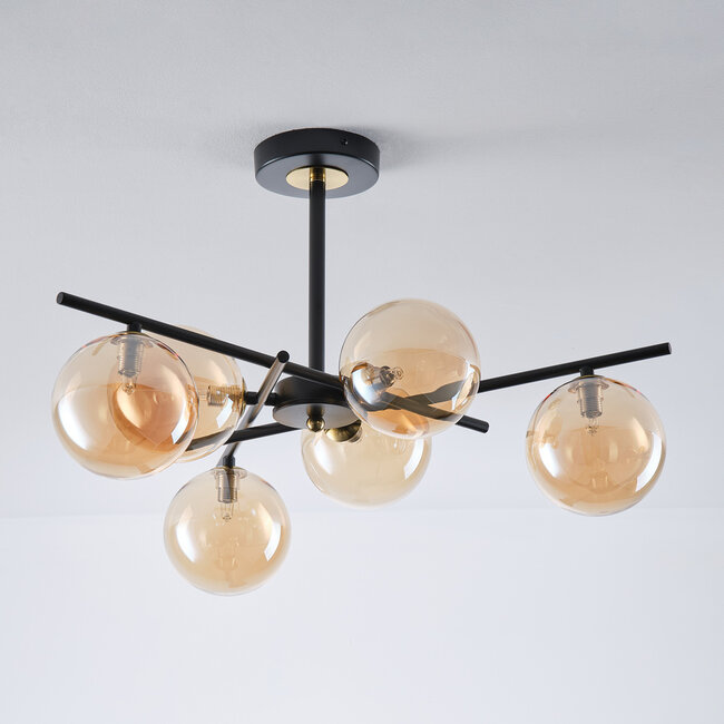 Venezia ceiling lamp, Black with Amber glass, 6-light