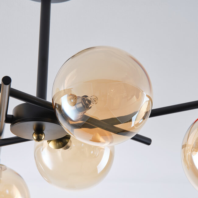 Venezia ceiling lamp, Black with Amber glass, 6-light