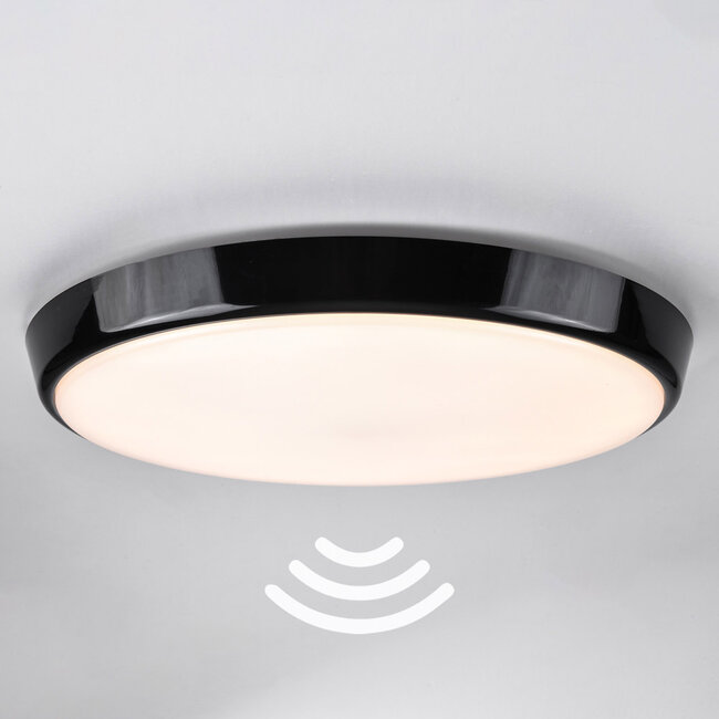 Black flush ceiling lights Ø35.2 cm with emergency unit, sensor and CCT switch 3000K/4000K/6000K