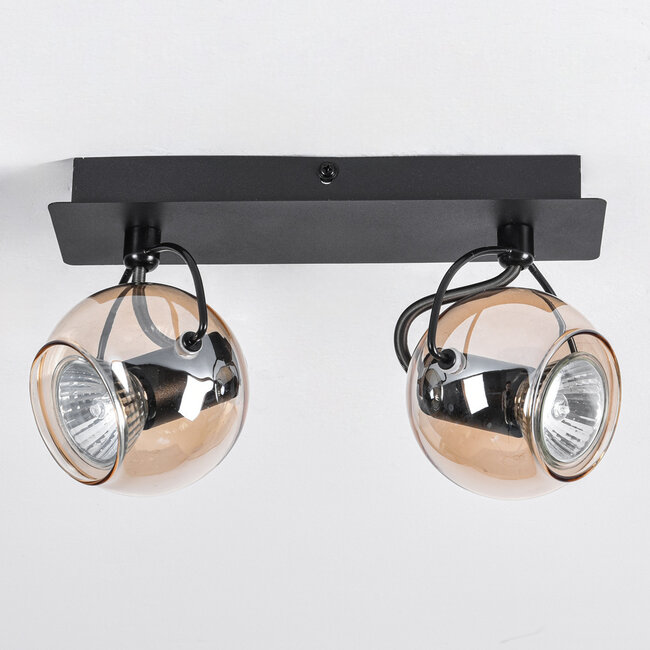 Modern ceiling lamp with Amber glass and 2 spotlights, black - Jari
