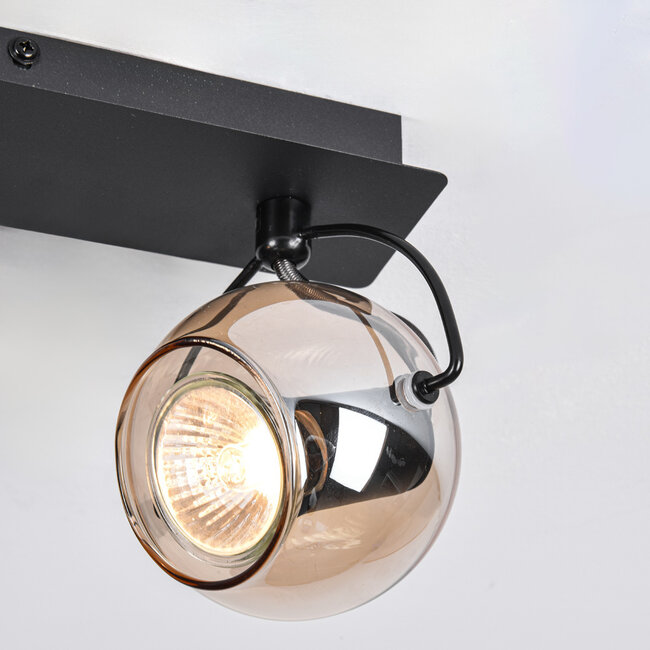 Modern ceiling lamp with Amber glass and 2 spotlights, black - Jari