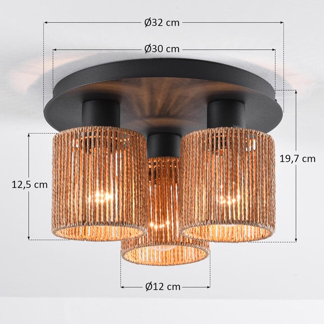 Canna 3-light ceiling light - black with rope